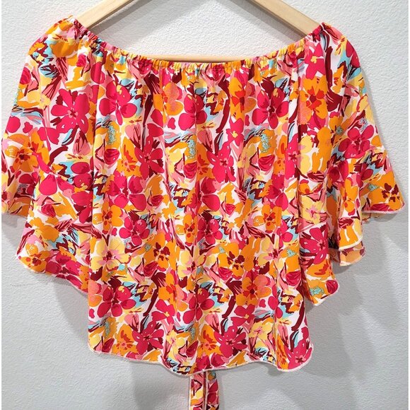Shein Floral Off-Shoulder Tie-Front Cropped Top with Bell Sleeves Size M - Picture 6 of 8